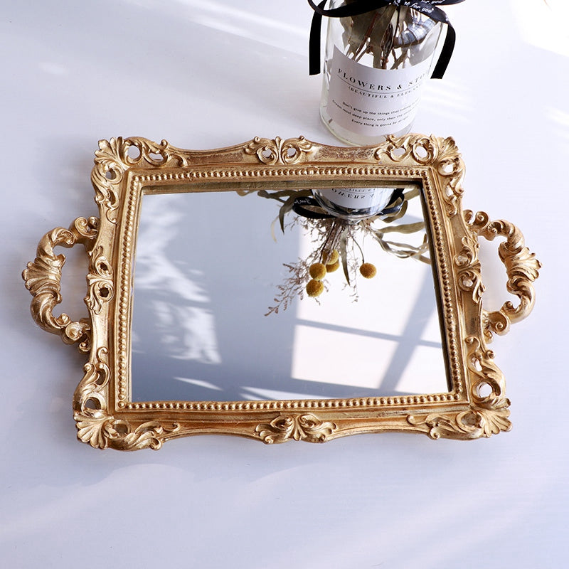 Golden printed mirror glass tray