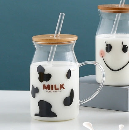 Transparent Glass Juice Bottle Straw Cup
