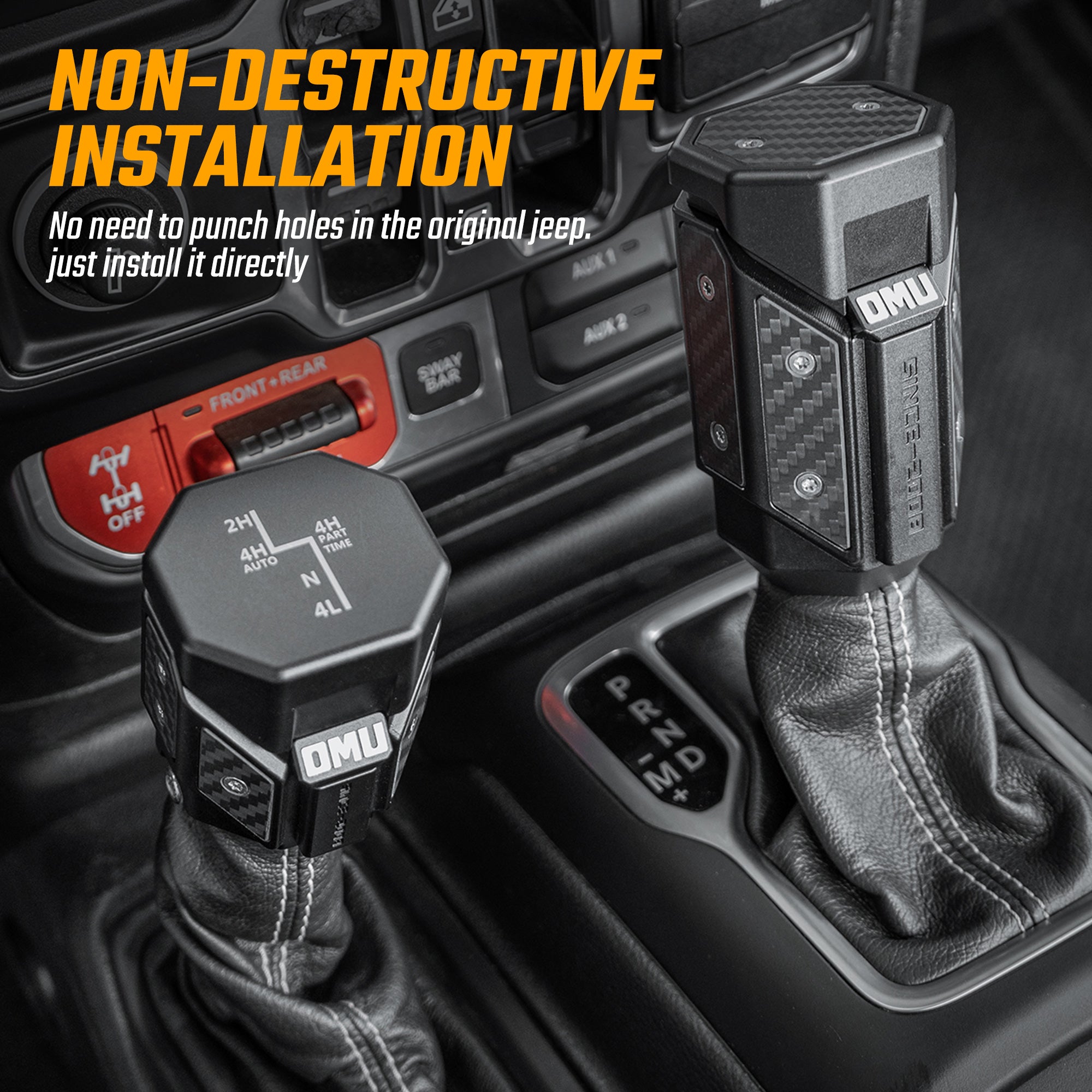 OMU Genesis Series Aluminum Alloy Gear Shif-t Knob  Automatic Transmission Shifter & Transfer Case Lever Handle Kit For Je Ep Wrangler JL Gladiator JT 2018-2024 Not Fit For Manual Transmission