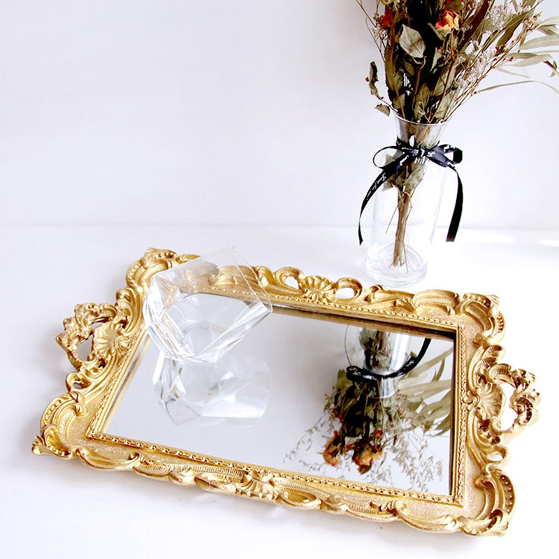 Golden printed mirror glass tray
