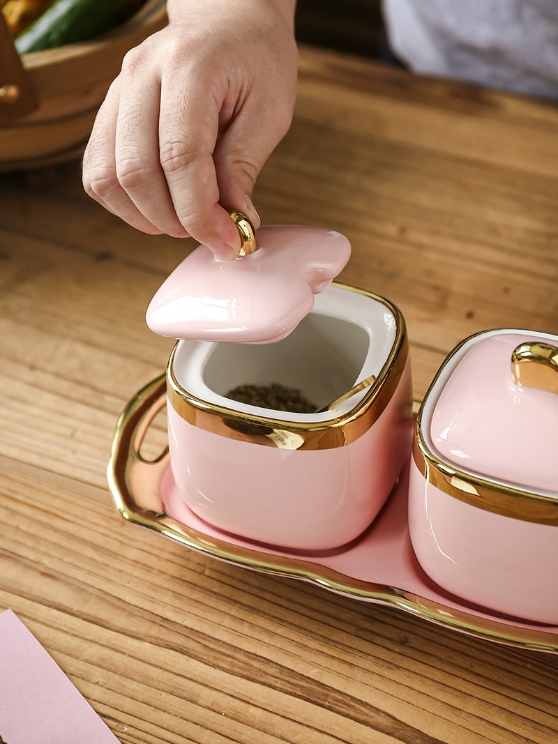 Nordic Light Luxury Girl Pink Phnom Penh Bright Glazed Ceramic Seasoning Jar Sugar Bowl Salt Bowl Seasoning Jar Combination Set