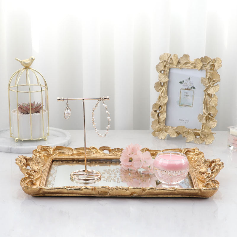 Golden printed mirror glass tray