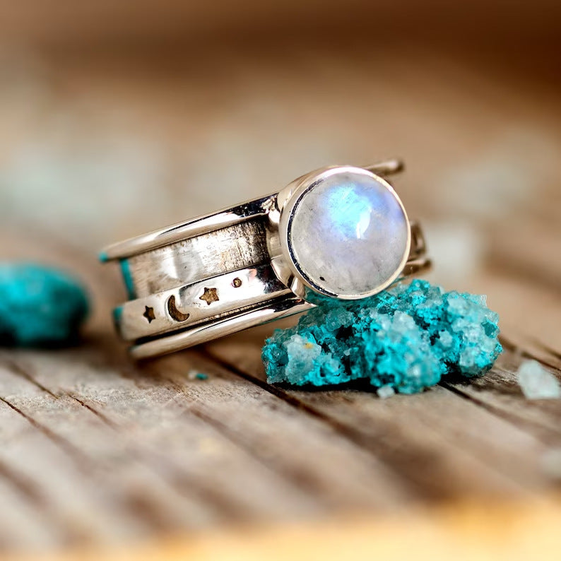 Bohemian Moonstone Star And Moon Ring