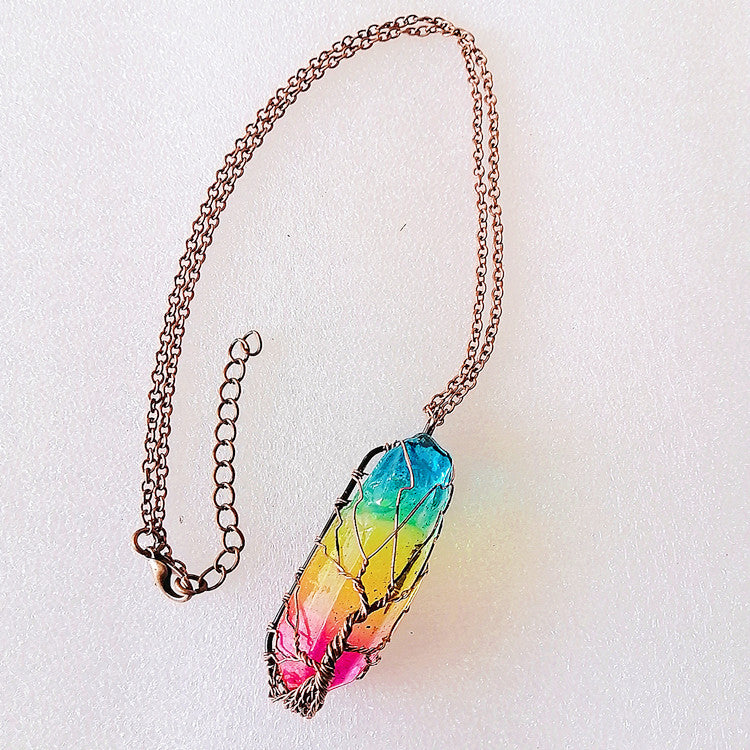Stone Crystal Pillar Tree Of Life Pendant Ins Fashion Necklace
